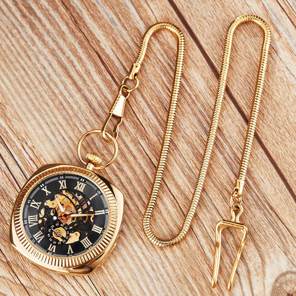 Retro Antique Black Golden  Mechanical Pocket Watch Men Women Blue Roman Numerals Dial Clock Luxury  Skeleton FOB Chain Watches