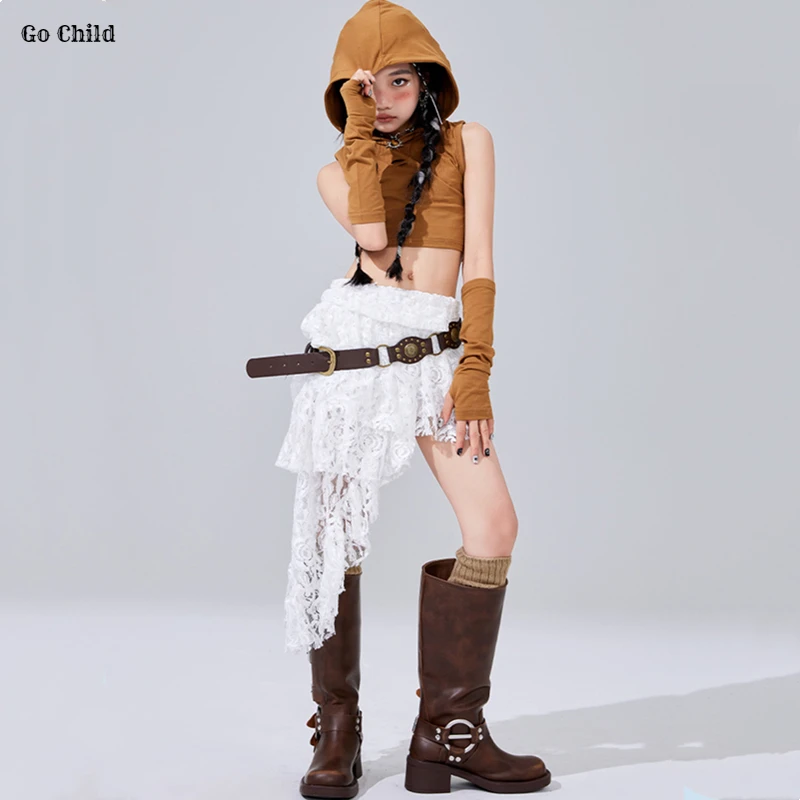 Укороченные толстовки с капюшоном K-pop Wasteland для уличных танцев кружевные юбки