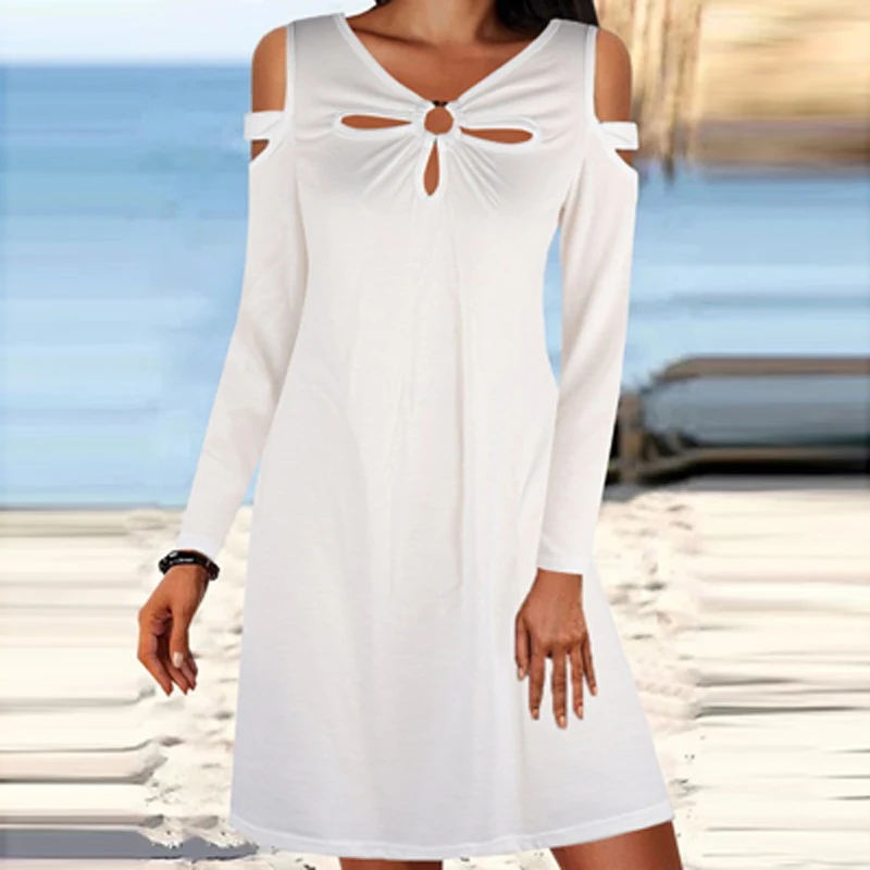 

Осеннее модное однотонное облегающее платье-пуловер А-силуэта, женское платье с открытыми плечами и длинным рукавом, мини-платье с V-образны...