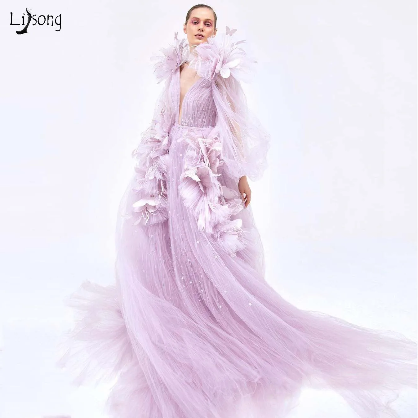 

Romantic Lavender Floral Tulle Prom Dresses See Thru Full Sleeves A-line Tulle Prom Gowns 3D Flower Feather Tutu Robe