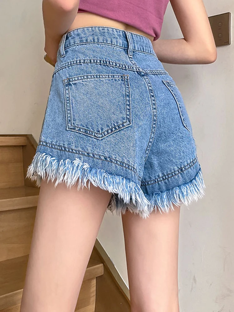 Casual High Waist Tassel Denim Shorts Loose A-Line Hot Pants 2023 Summer New Korean Fashion Women'S Clothing