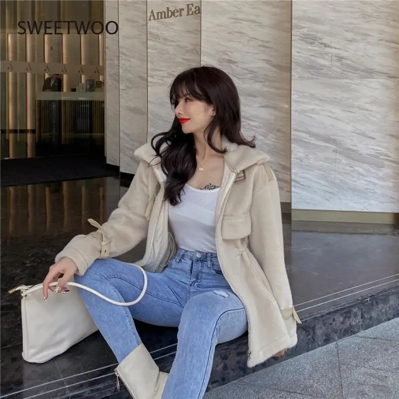 Winter Soft Warm Thick Faux Fur Coat Women Drop Shoulder Long Sleeve Zipper Drawstring Fluffy Jacket Korean Fashion Slim 2022