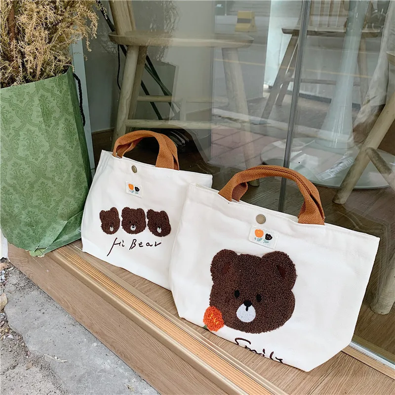 

Embroidery Bear Women Canvas Shoulder Bags Large Capacity Student Lunch Bento Bag Small Tote Purse Handbags Female Shopping Bags