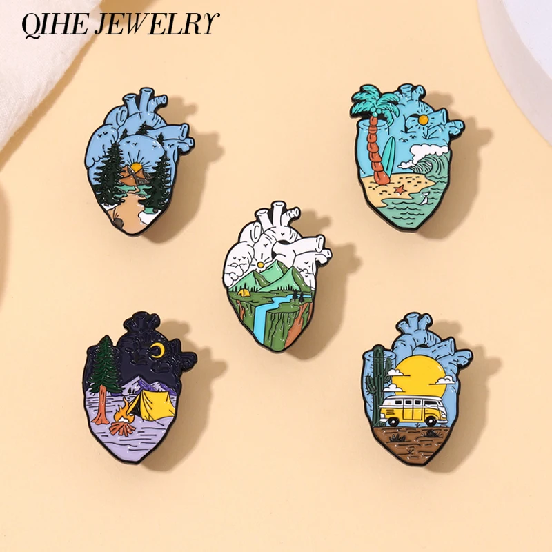 

Shape of Heart Enamel Lapel Pins Scenery Custom Goth Brooches Badges for Backpack Jewelry Gift for Friends Free Shipping
