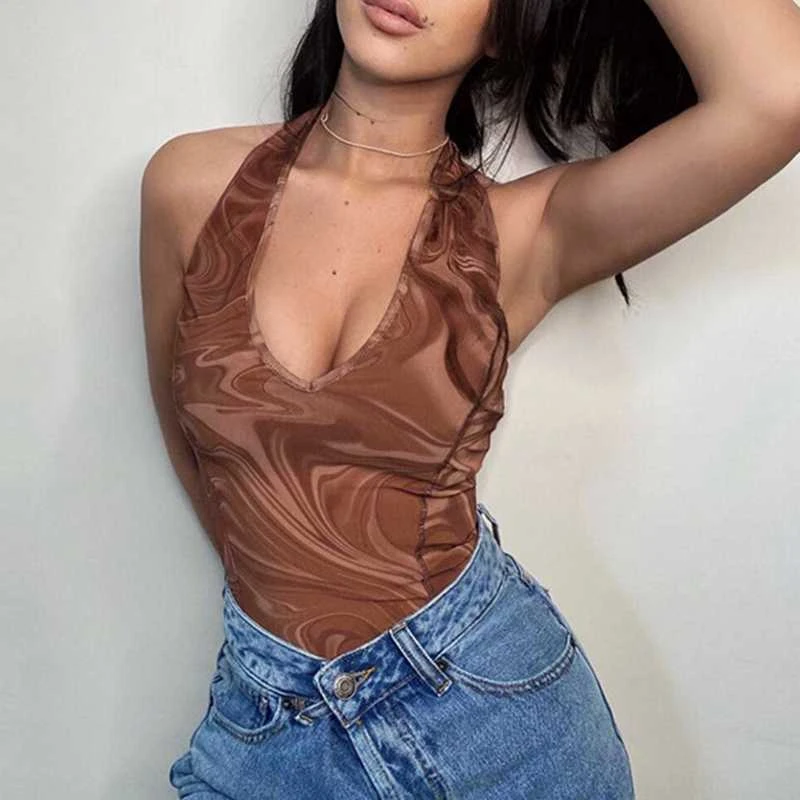 

Летний сексуальный облегающий боди с лямкой на шее, женский модный костюм с принтом, V-образным вырезом, без рукавов, с открытой спиной, уличн...