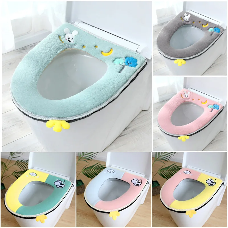 

Toilet Seat Cover Winter Warm With Handle Universal Toilet Cushion Thicken Plush Toilet mat Ring Mat Bathroom Aceesories