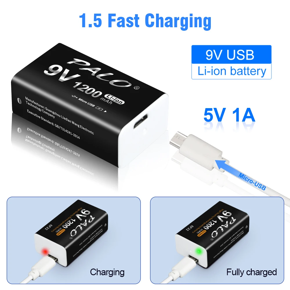 PALO 9V Rechargeable Battery 1200mAh 6F22 Micro USB 9v Li-ion Lithium Batteries for Multimeter Microphone Toy Remote Control KTV |