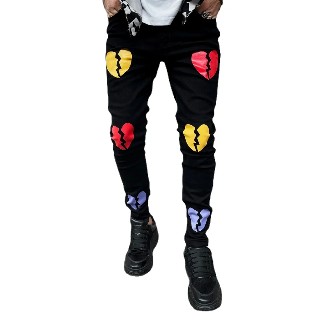 

New Men Trend Black Jeans Fashion Street Trousers Cozy Skinny Broken Heart Printed Design Soft Denim Pants Mens Clothing