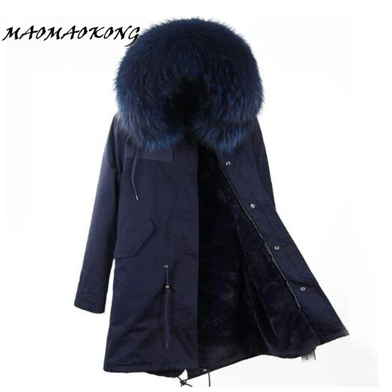

Brand 2017 Women Winter Jacket Long Detachable Lining navy blue Parkas Large Real Raccoon Fur Hooded Coat Outwear