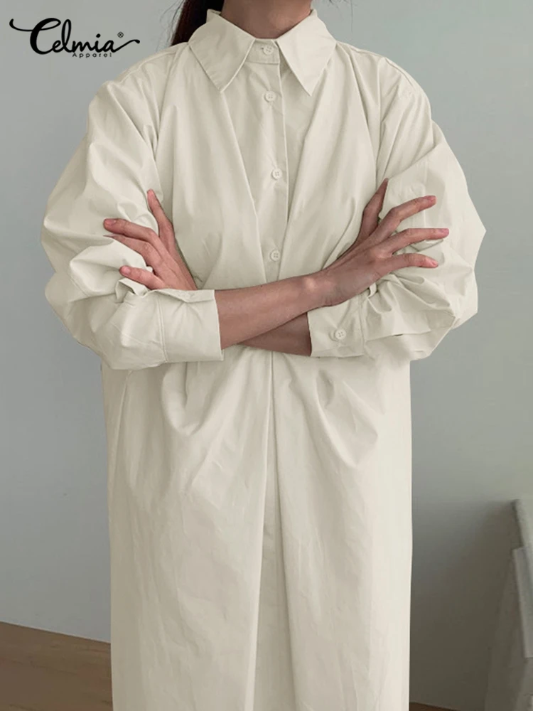 

Celmia 2022 Fashion Women Midi Shirt Dress Office Pleated Buttons Korean Robes Elegant Lady Lapel Long Sleeve Casual Vestidos 7