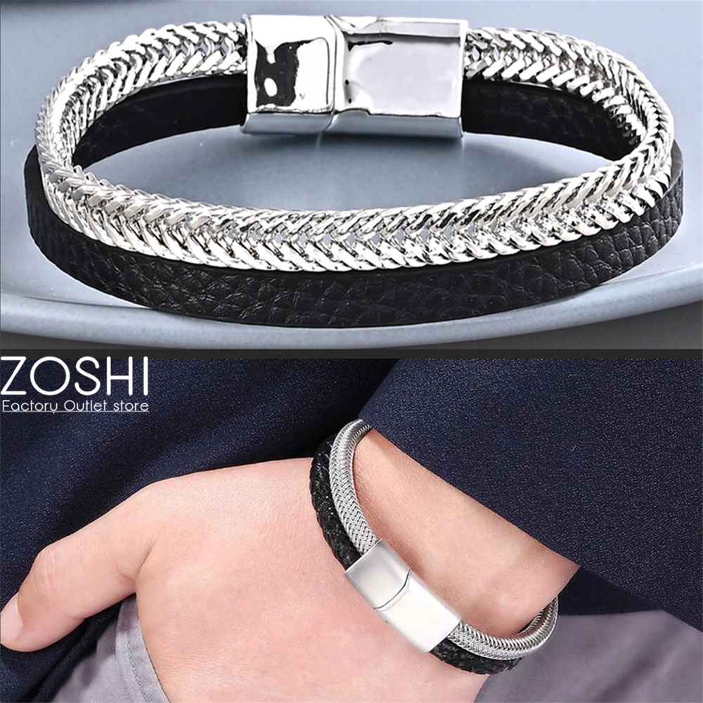 

Steel Color Thick Twist Chain with Black Genuine Leather Bracelet For Men Fashion Punk Jewelry Multilayer Metal Woven Bracelet