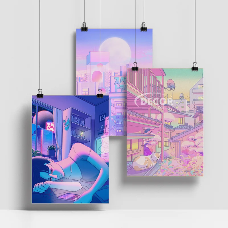 

Night City Pop Canvas Painting Poster Dream Japan Street Midnight Pink Train Sunset Moon Wall Art Room Kawaii Room Decor Picture