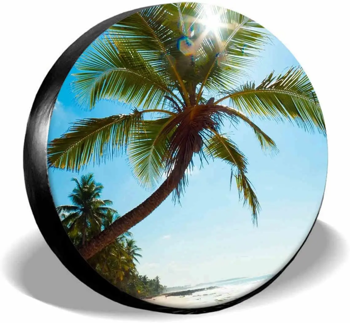 

Palm Tree Sun Beach Spare Tire Cover,UV Sun Protectors Wheel Cover Sea Blue Sky Tire Cover Universal Fit