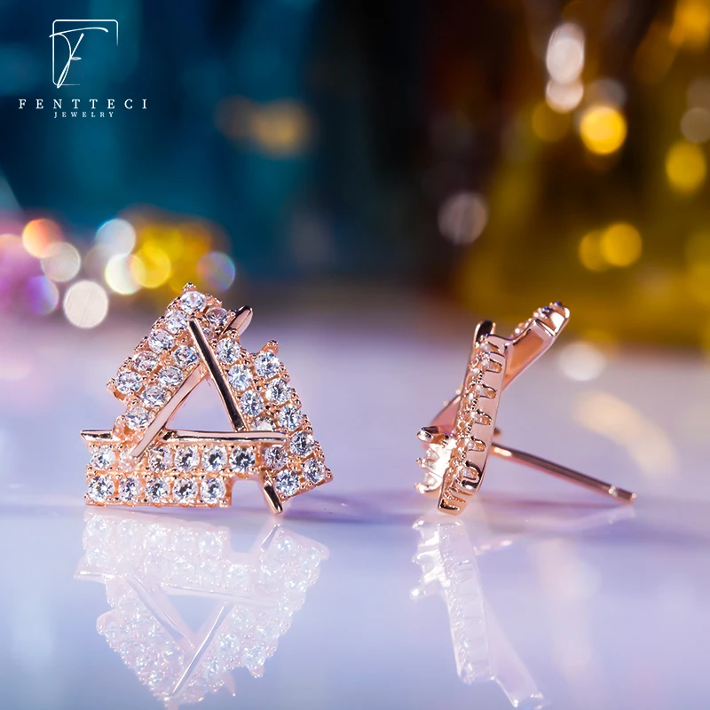 FENTTECI 925 Sterling Silver Triangle Earrings Female Simulation Diamond Fashion Temperament Short Prismatic Earrings Female