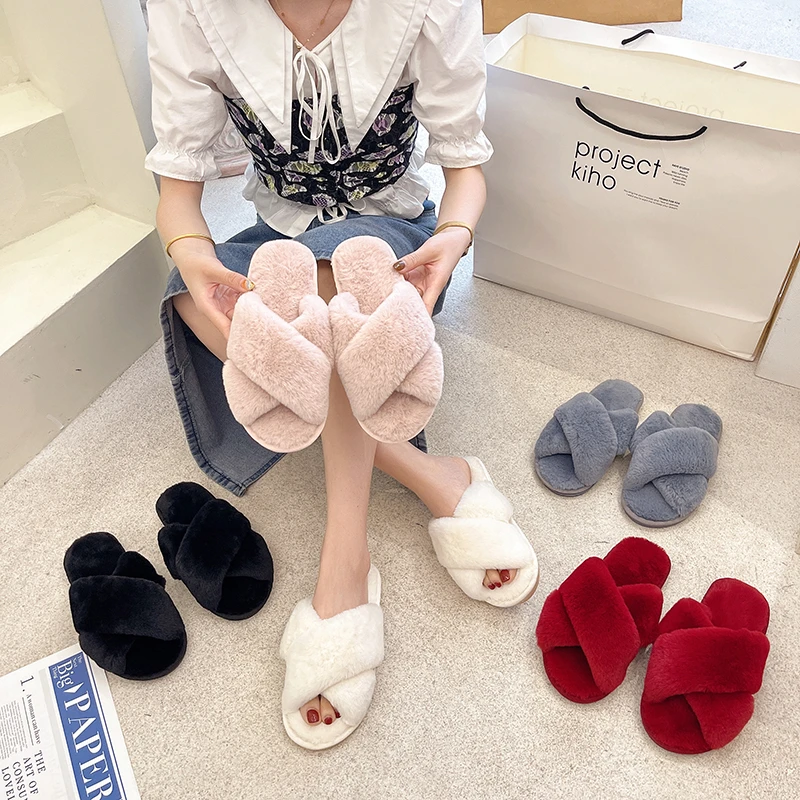 Womens Fashion Warm Fluffy Slippers Indoor Cozy Faux Fur Cross Flat Shoes Soft Furry Ladies Female Celebrities Floor Slides
