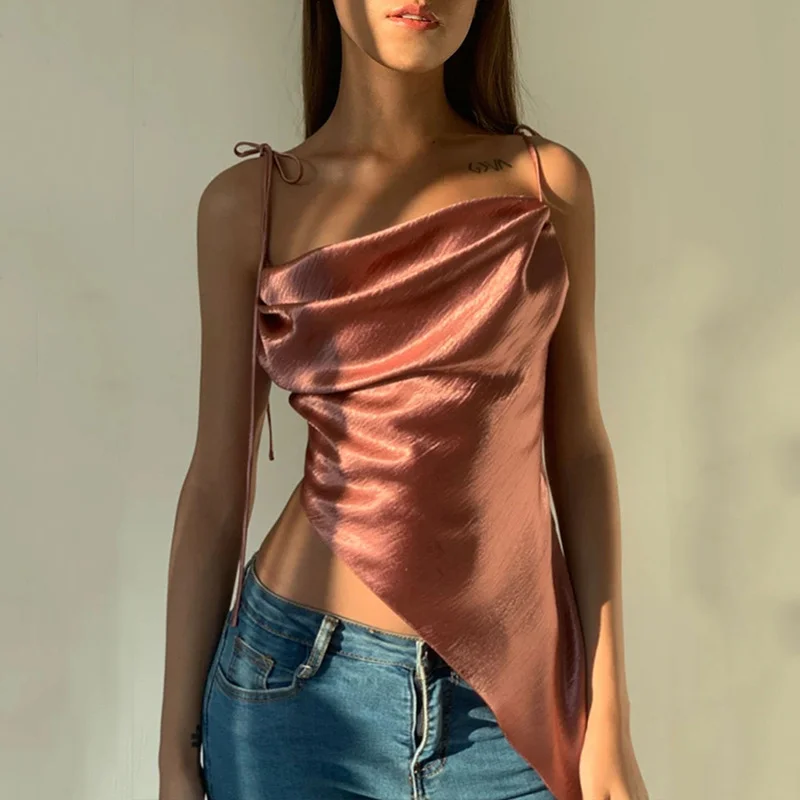 Satin Asymmetric Sheer Lace Up Bustier Top Camisole Women Summer Backless Sexy Camis Female Elegant Purple Streetwear Vest Tees