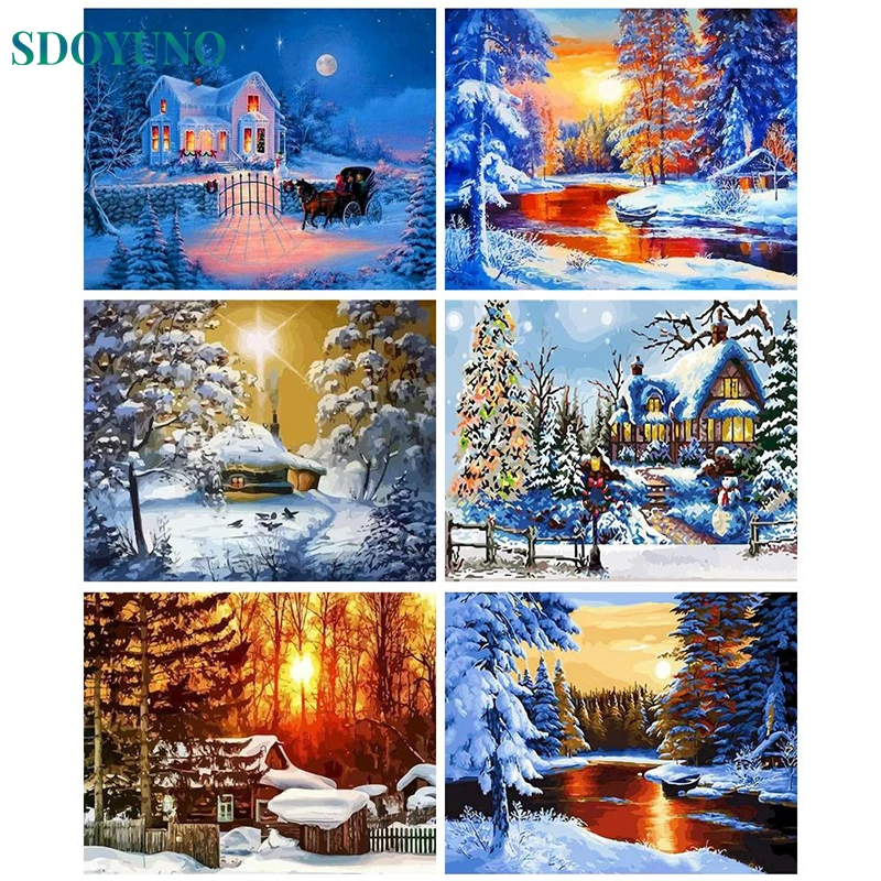 

SDOYUNO Painting By Numbers Winter House View Pictures For Adult DIY Craft Kits On Canvas Acylic Paint Coloring By Numbers Decor