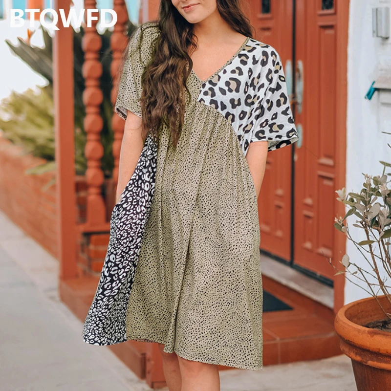 

Leopard Print Beach Party Dresses for Women 2022 New Summer Skirt Ladies Short Sleeve Clothing Female V Neck Outfits With Pocket