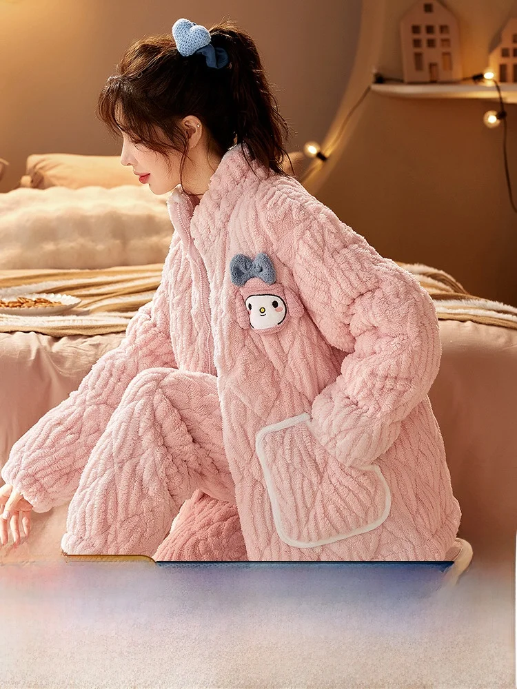 Three-Layer Cotton-Padded Jacket Stand Collar Pajamas Women Winter Fleece-lined Thickened Coral Fleece Warm Cute Homewear Two...