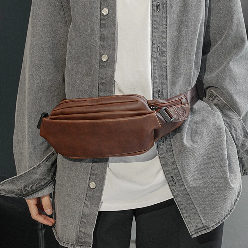Male Waist Bag Motorcycle Leather Mini Chest Sling Bags Crossover Shoulder Purse Running Banana Belt Purses Bag for Men Small