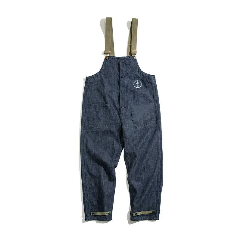 Retro Cargo Overalls Navy Deck Denim Bib Overalls Washed Denim Straight Jeans Japanese Men's Pocket Jumpsuit Trendy Street Wear