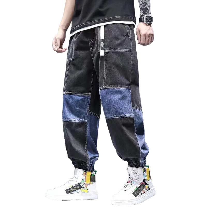 

Hip Hop Jeans Male Patchwork Jeans Loose Tappered Harem Pants Summer Cargo Pants Men's Black Jeans Men Distressed Denim Jeans