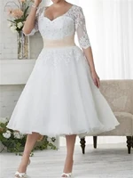 ball gown a line wedding dresses scoop neck tea length lace tulle half sleeve country plus size with cascading ruffles 2022