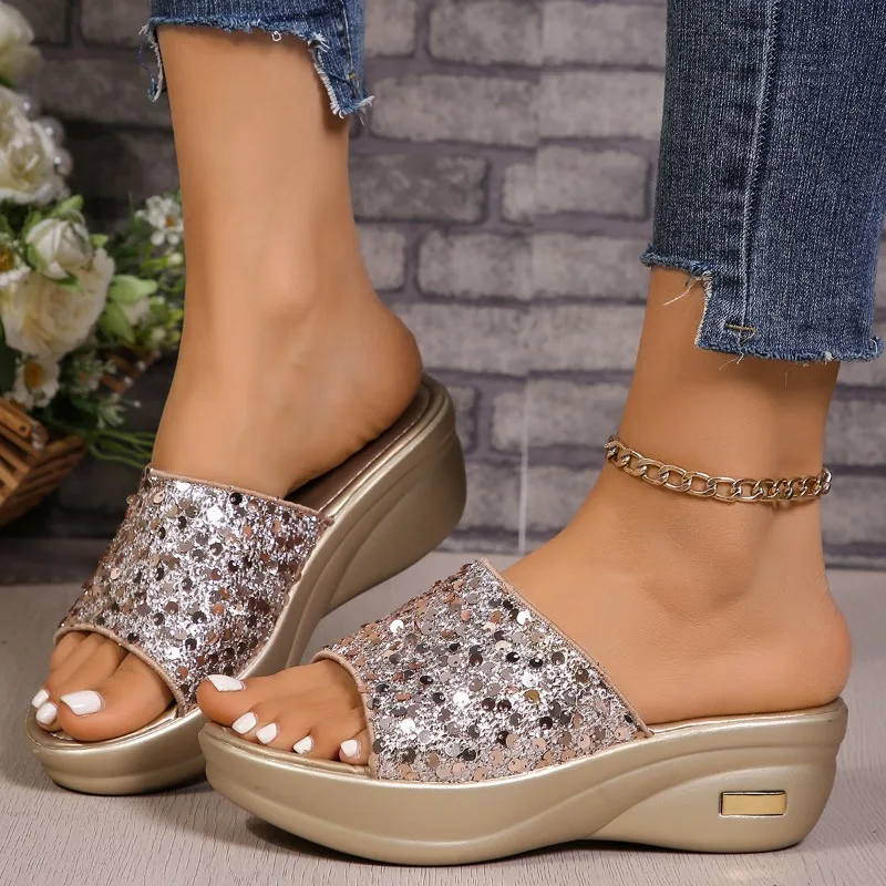 2024 новые тапочки на платформе с блестками женская модельерская обувь