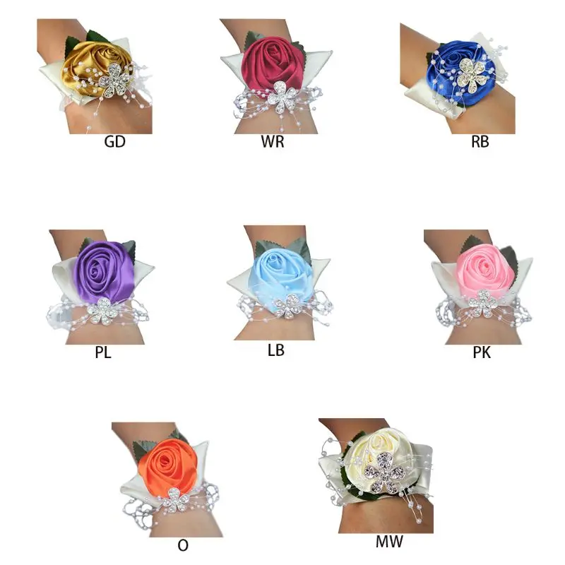 

Handmade Satin Rose Wrist Corsage Wedding Prom Party Bridesmaid Bridal Wrist Flower Faux Pearl Beaded Stretch Bracelet L21E