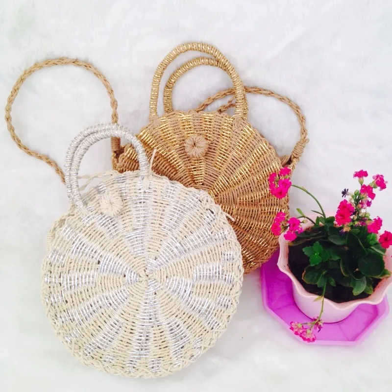 

Women Straw Bag Small Circle Lady Vintage Crossbody Kintted Shoulder Bag Handmade Rattan Woven Round Handbag Summer Beach Tote