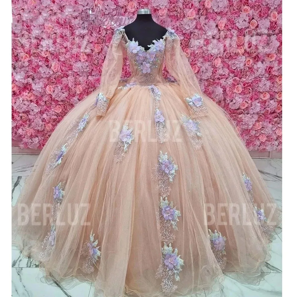 ANGELSBRIDEP платья Quinceanera с длинными рукавами и 3D цветочным кружевным шлейфом милые
