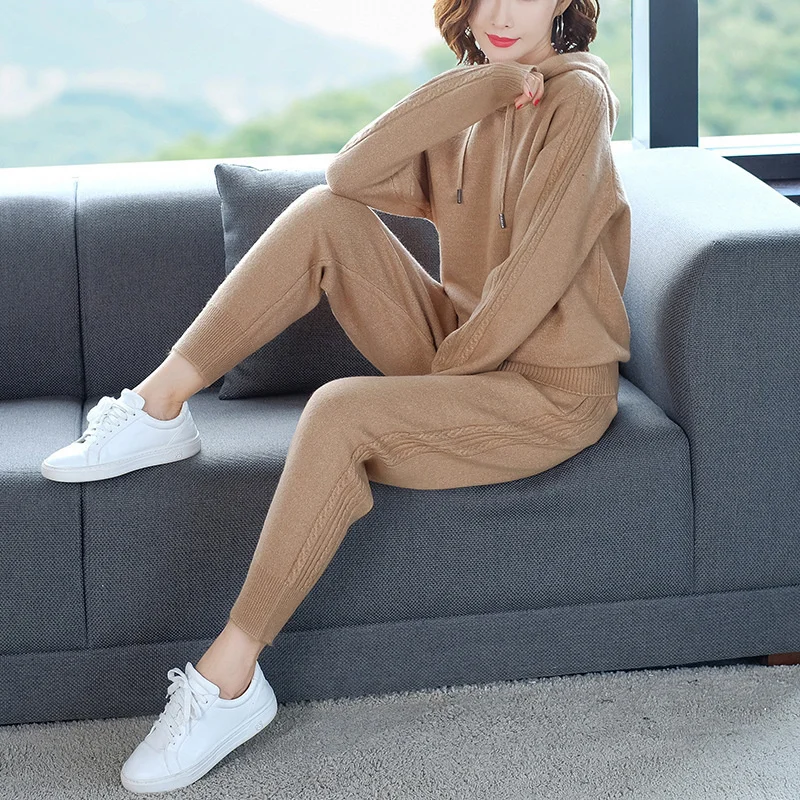 Autumn Winter Knitted Tracksuit Sweater Women Set Casual Clothes 2 Pieces Knit Hoodies Sweatshirts Top Pants Suits Size XXXL