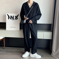 blackwhite pleated sets men fashion casual long sleeved shirttrousers two piece men korean loose oversized clothing mens sets