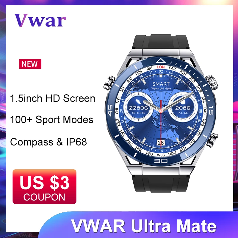 2023 VWAR Ultra Mate Smart Watch Men NFC Smartwatch Wireless Charging Bluetooth Call GPS Tracker Fitness Bracelet 1.5" HD Screen