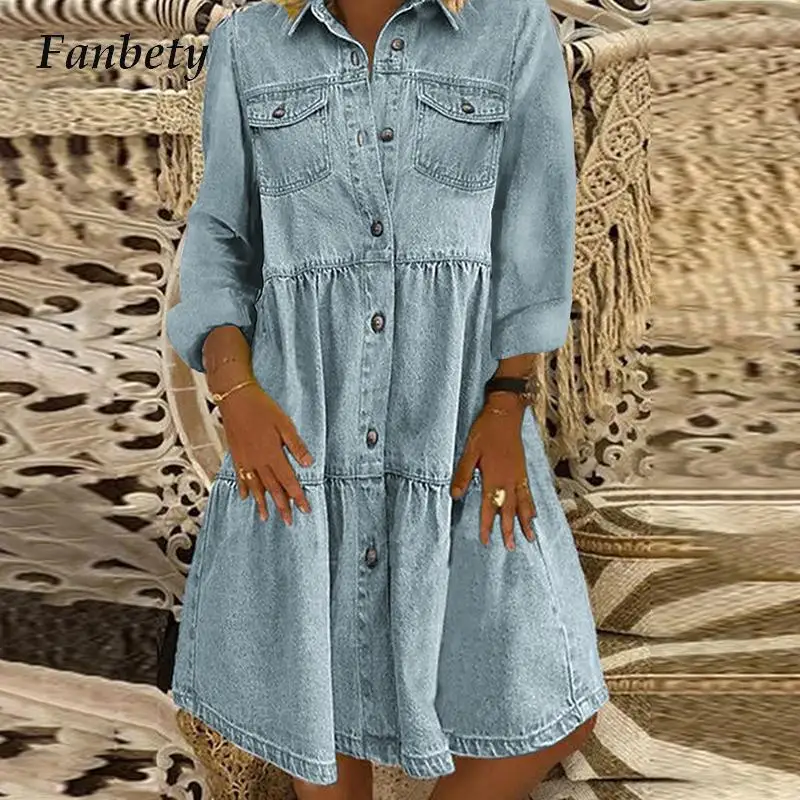 

Vintage Long Sleeve Denim Dress For Women Casual Solid Lapel Single-breasted Dress Stitching Lotus Leaf Mid Waist Shirt Dresses