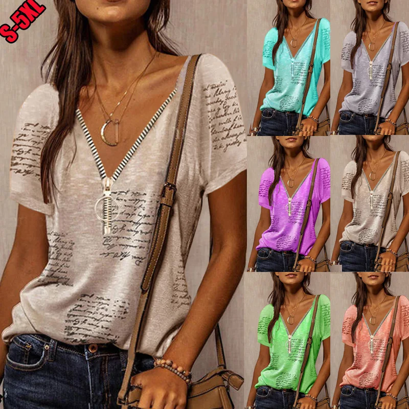 

T-shirt for Women 2023 Summer Ebay Zipper Casual Top V-neck Print Short Sleeve T-shirt