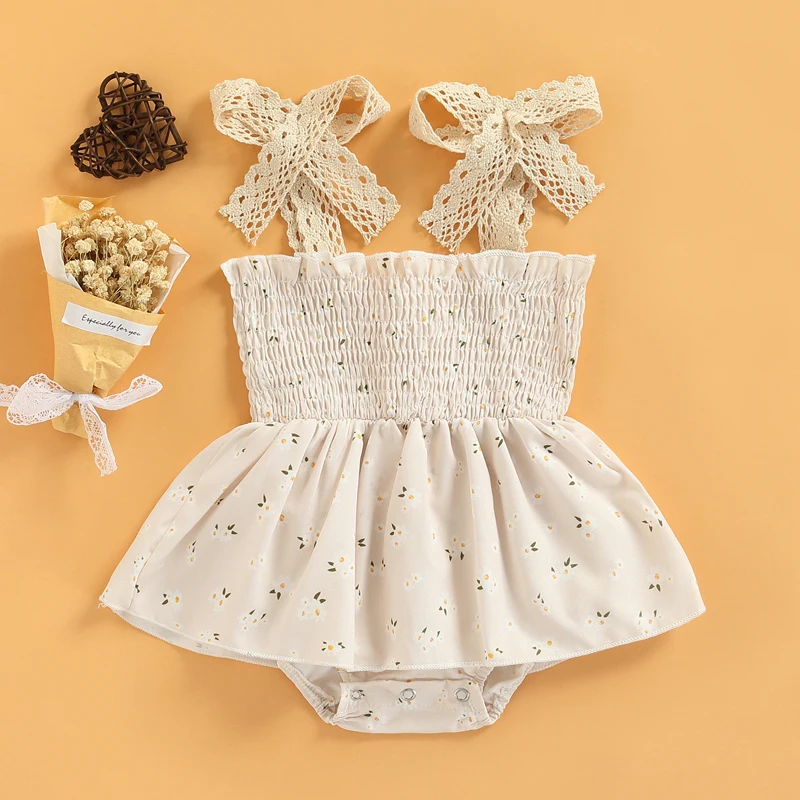 

0-24M Newborn Infant Baby Girl Floral Romper Sleeveless Square Neck Lace Tie Up Shoulder Short Jumpsuits