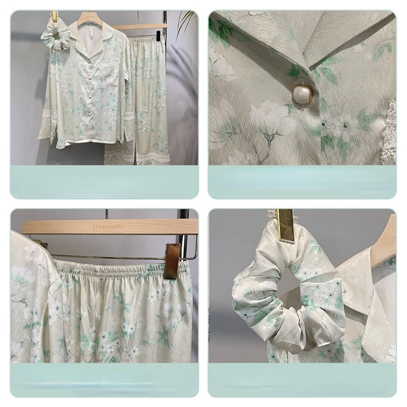 Women's 3 Piece Pajamas Sets Soft Cute Floral Pijama Faux Silk Satin Pyjamas Female Sleepwear Long Sleeve Shirt Trouser Homewear
