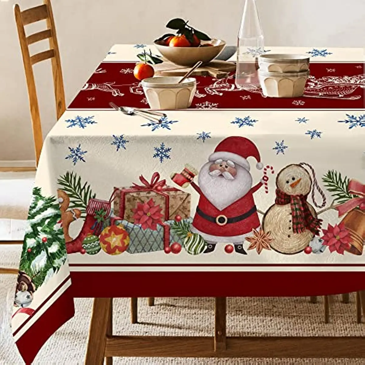 

Christmas Rectangle Tablecloth Christmas Snowman Snowflake Decor Waterproof Table Cloth Holiday Table Cover Party Dinner Decor
