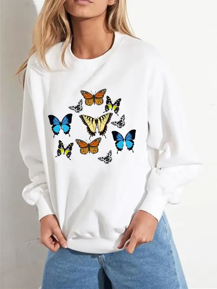 

Женский флисовый пуловер с мультяшным Рисунком бабочки, повседневный весенне-зимний свитшот с графическим принтом