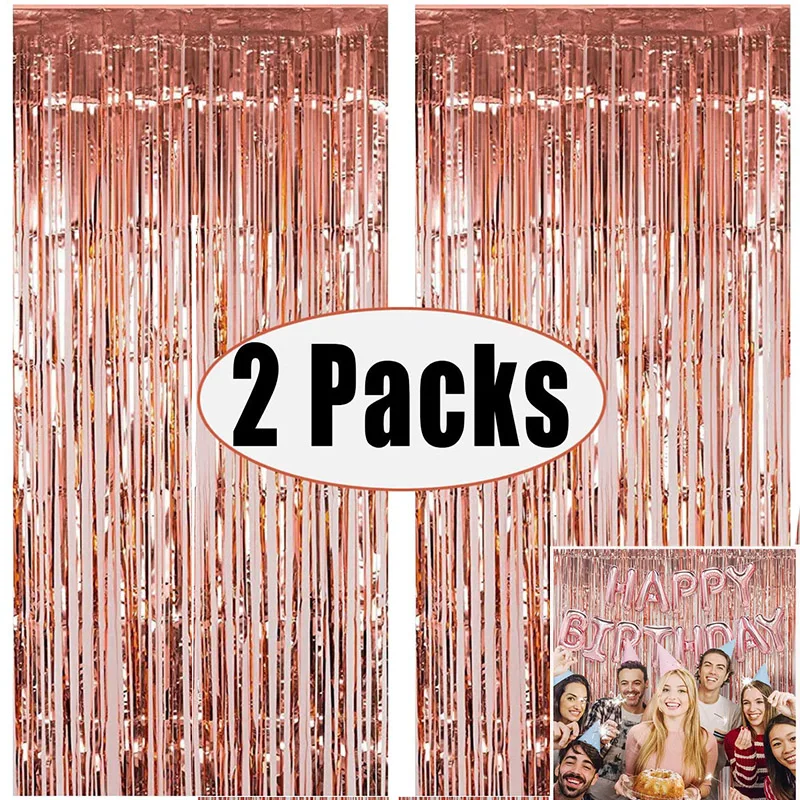2Pack 2M Rose Gold Party Backdrop Metallic Foil Tinsel Fringe Curtain Birthday Wedding Bachelorette Decoration Adult Anniversary
