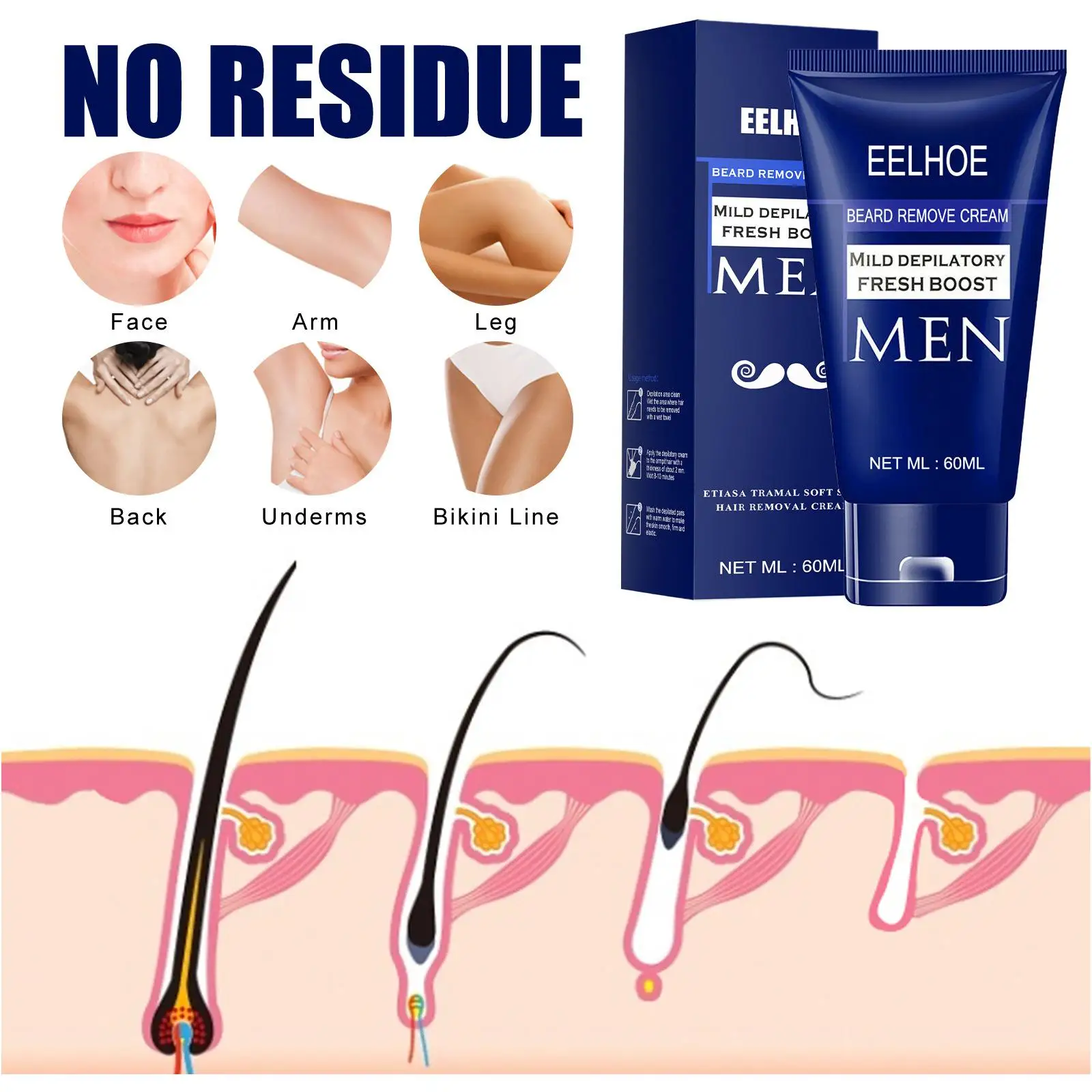 

Men's Hair Removal Cream 60ml for Chest Hands Skin Care Fast Effective