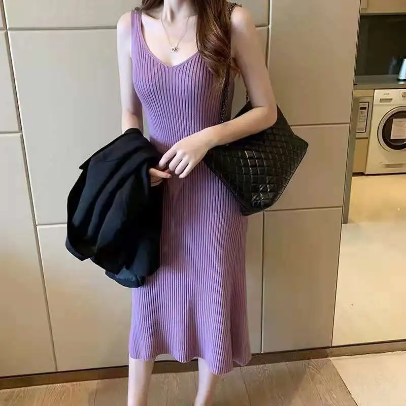 

Sleeveless Knit Maix Dress Women Spring Summer A-line V-Neck Long Strapless Dress Female Loose Casual Basic Camis Tank Dress
