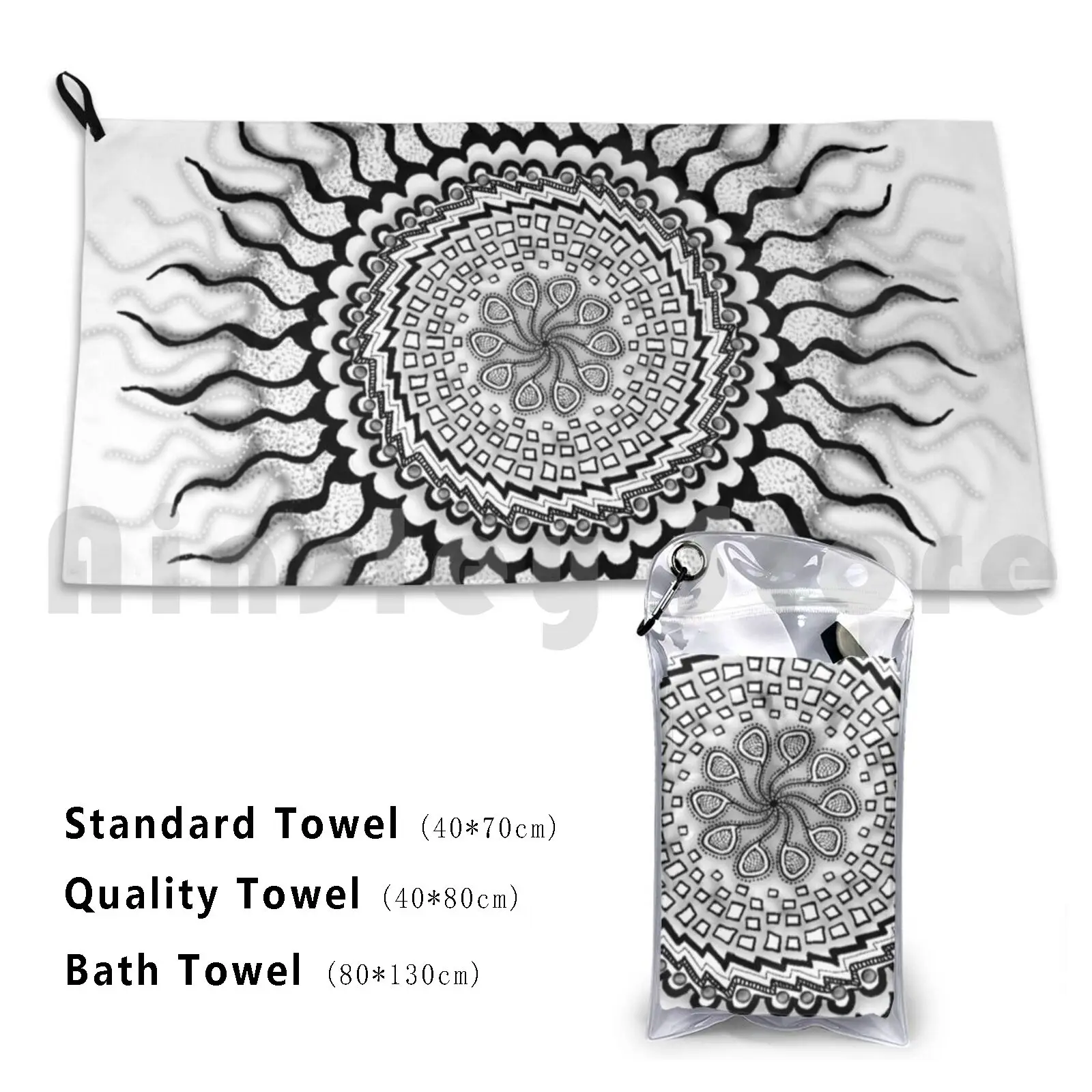 Quick Dry Quality Towel Mandala Black Grey White Wiccked 10 Points Tentacle Square Boxes Shadows