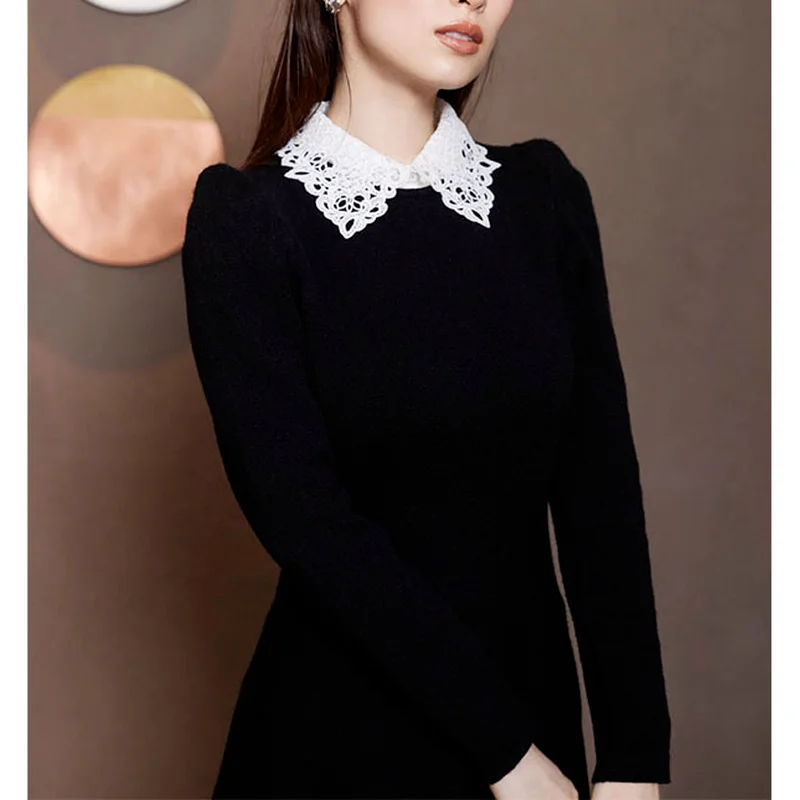 Japanese Sweet Vestidos 2022 Autumn Winter New Women Robes Solid Detachable Lace Lapel Long Sleeve Slim Knitted Dresses