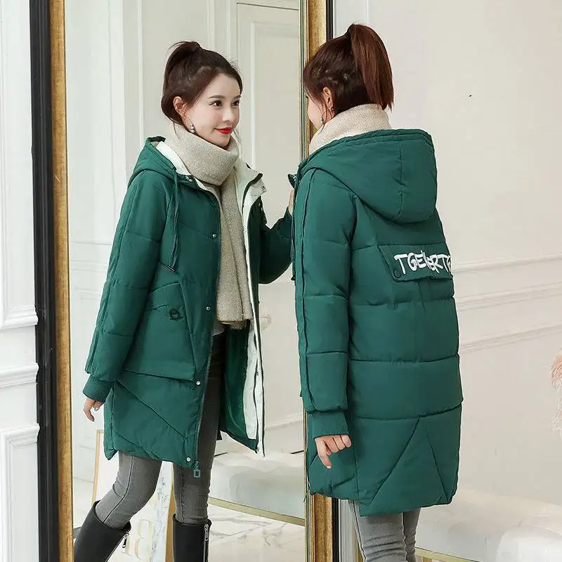New Korean Winter Down Cotton Jacket Women's Medium Long Loose Hooded Warm Coat Thickened Student Padded Parkas Snow Wear