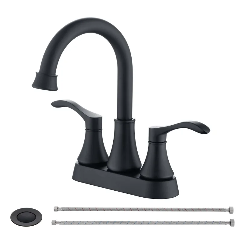 

2 Handles Bathroom Sink Faucet\ Matte Black 3 Hole Centerset RV Bathroom Faucets\ with Stainless Steel Pop Up