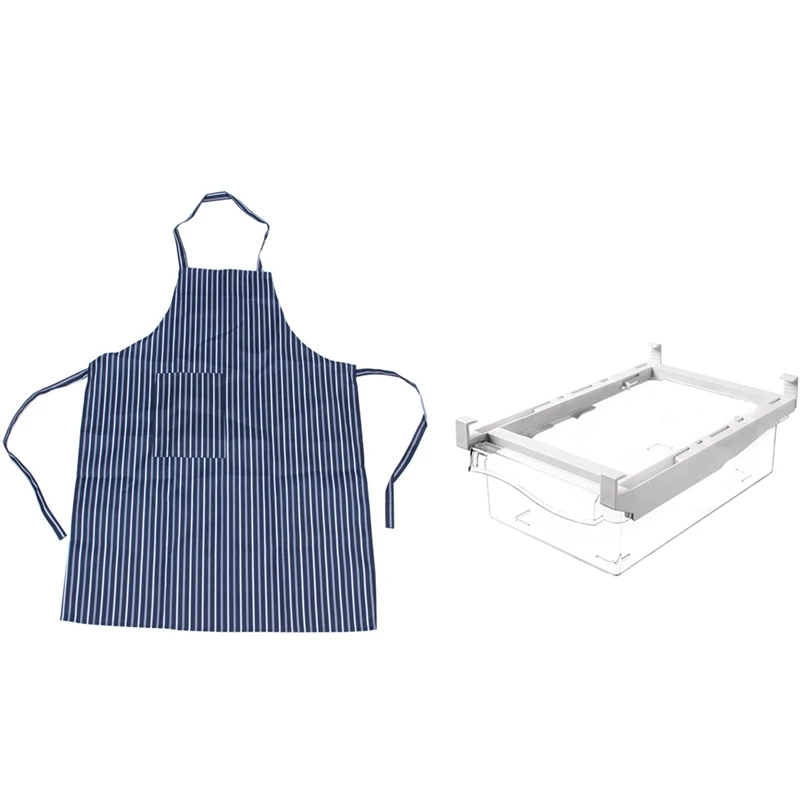 

1 Pcs Waterproof Bib Apron Nylon Blue and White Stripe & 1 Pcs Plastic Clear Fridge Organizer Bins with Handle