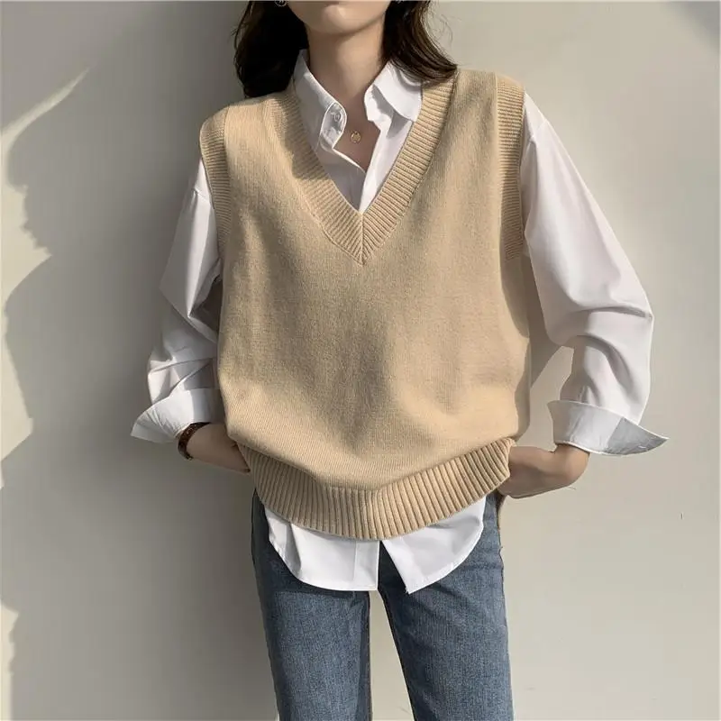 

2022 Korean Version Loose Women Solid Sweater Vest Pullover V-neck Vintage Sleeveless Loose-fitting Woman Clothes