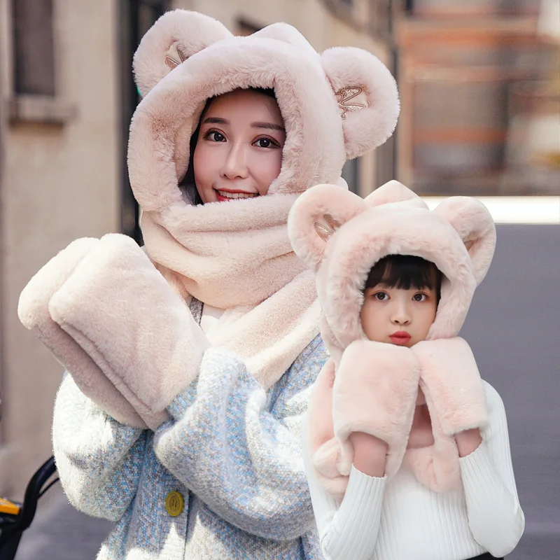 

Корейская версия женской зимней милой шапки с медведем шарф перчатки велосипедный утолщенный теплый комбинезон комплект из трех предметов